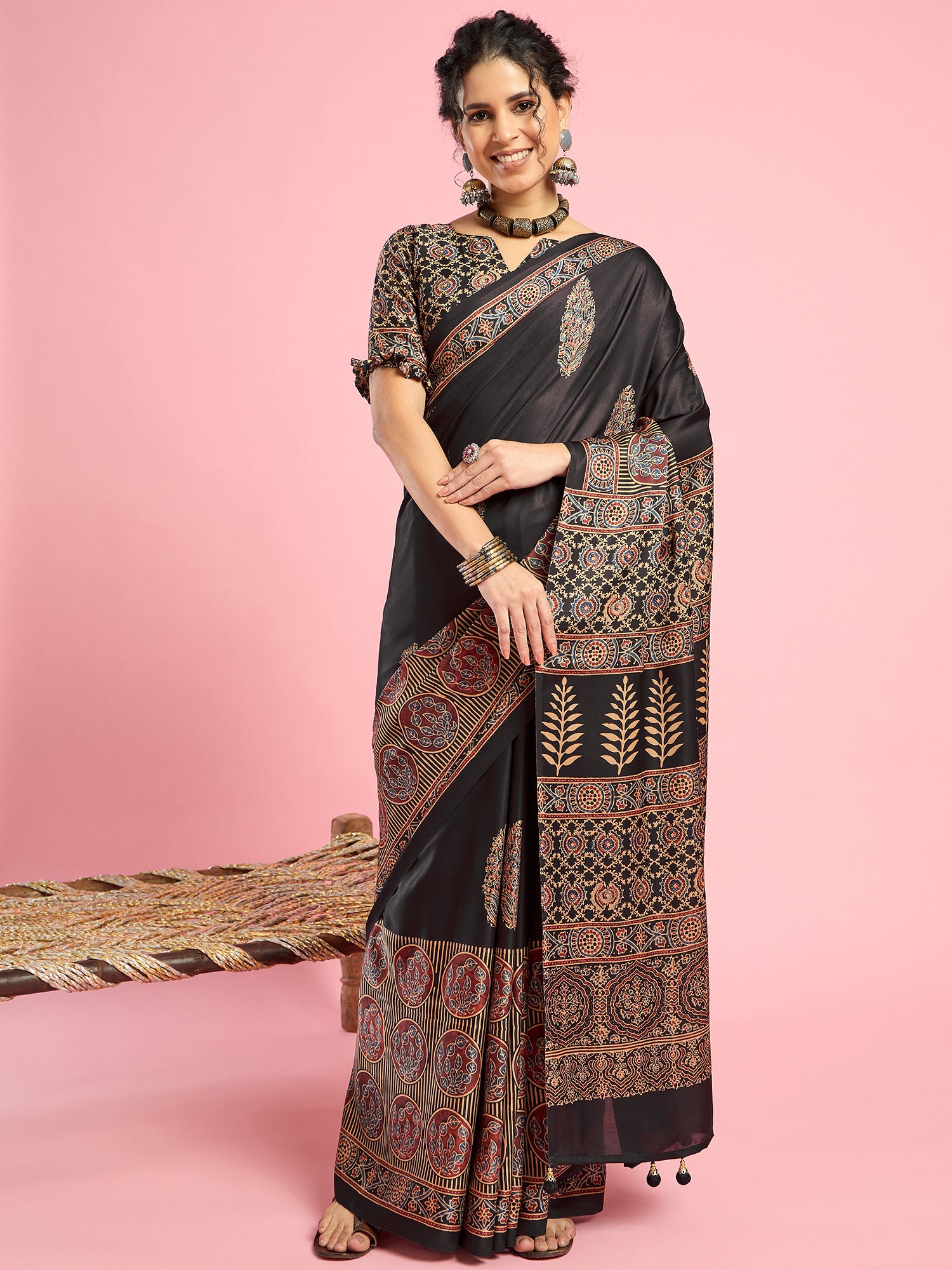Elegant Tradition: Ajrakh Print Saree in Soft Modal Sartin for Timeless Style