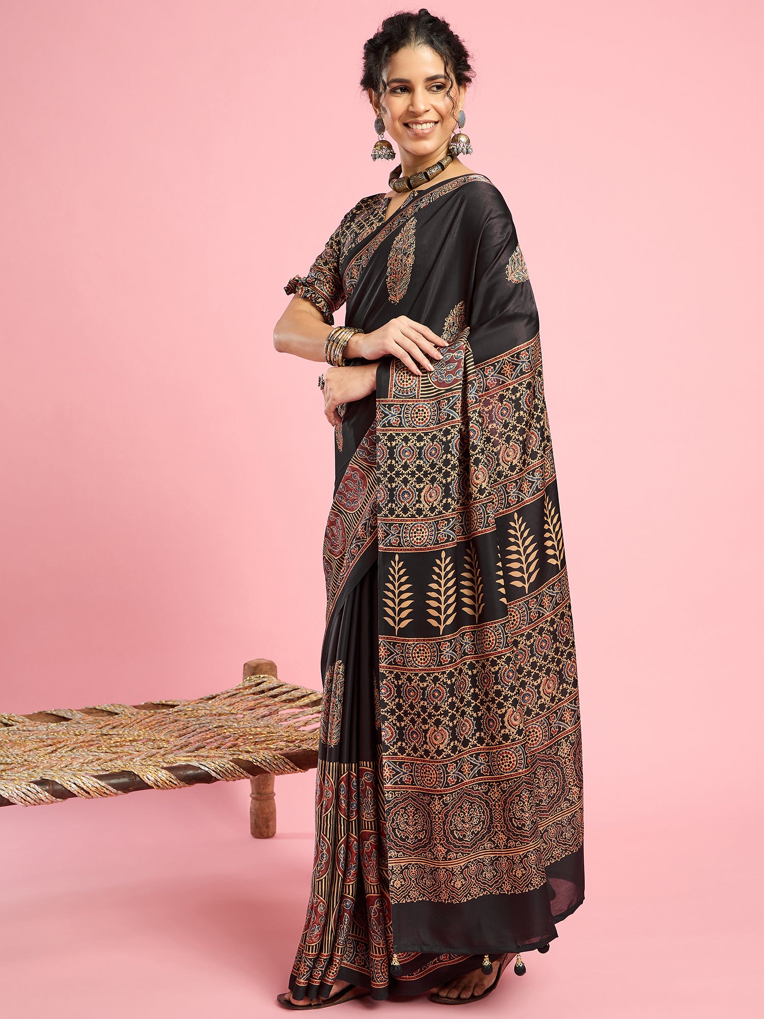 Elegant Tradition: Ajrakh Print Saree in Soft Modal Sartin for Timeless Style