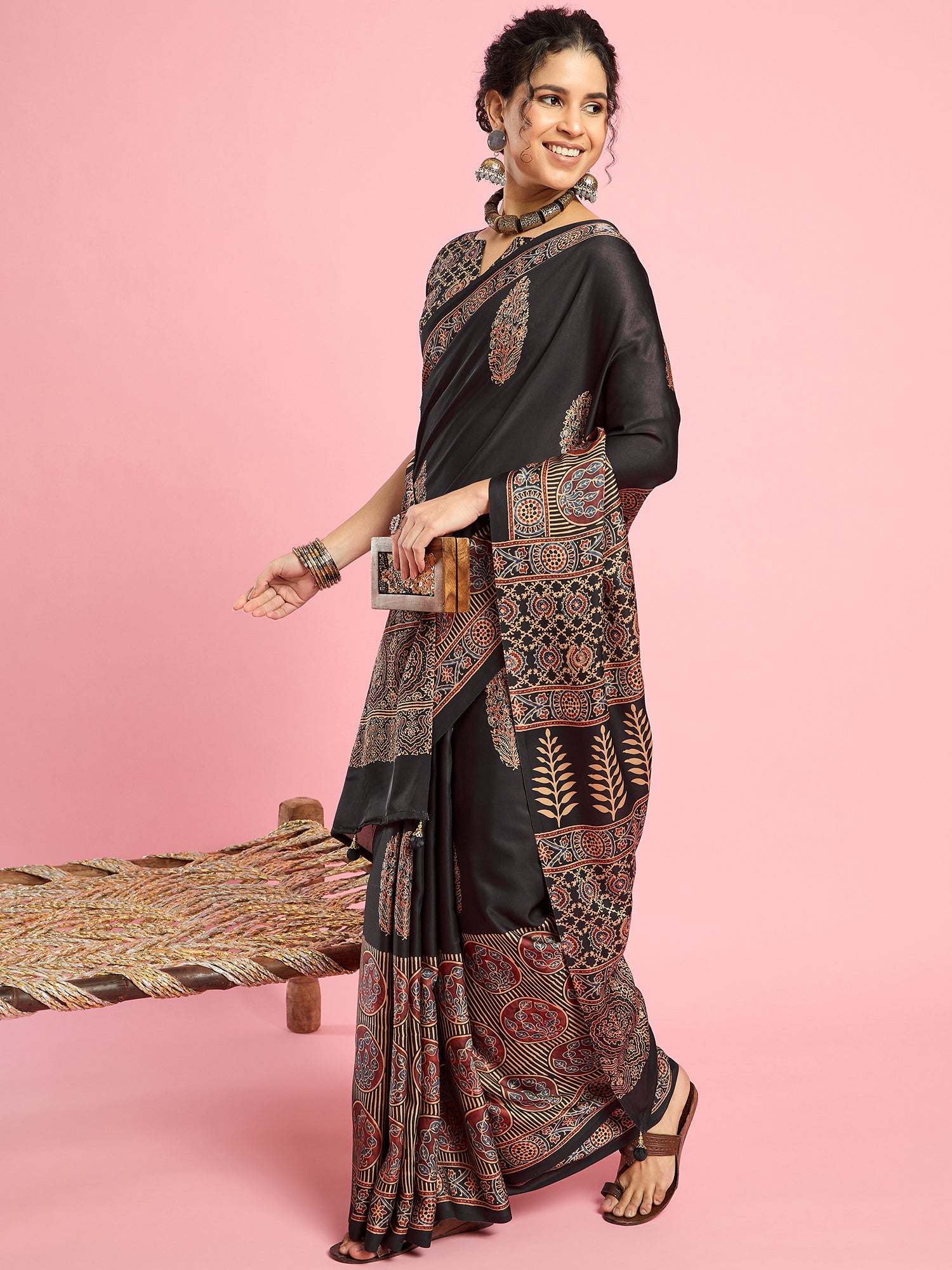 Elegant Tradition: Ajrakh Print Saree in Soft Modal Sartin for Timeless Style