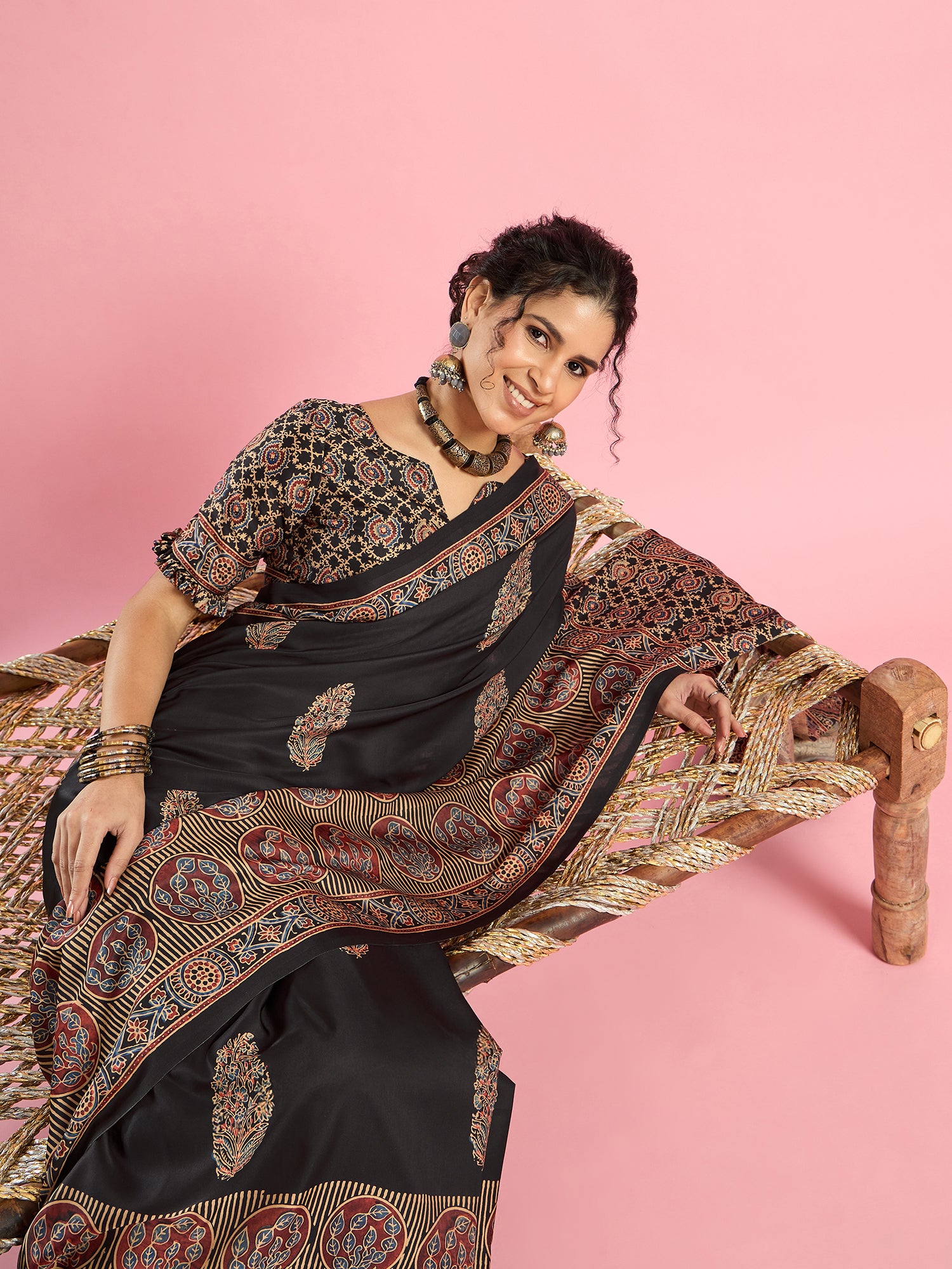 Elegant Tradition: Ajrakh Print Saree in Soft Modal Sartin for Timeless Style