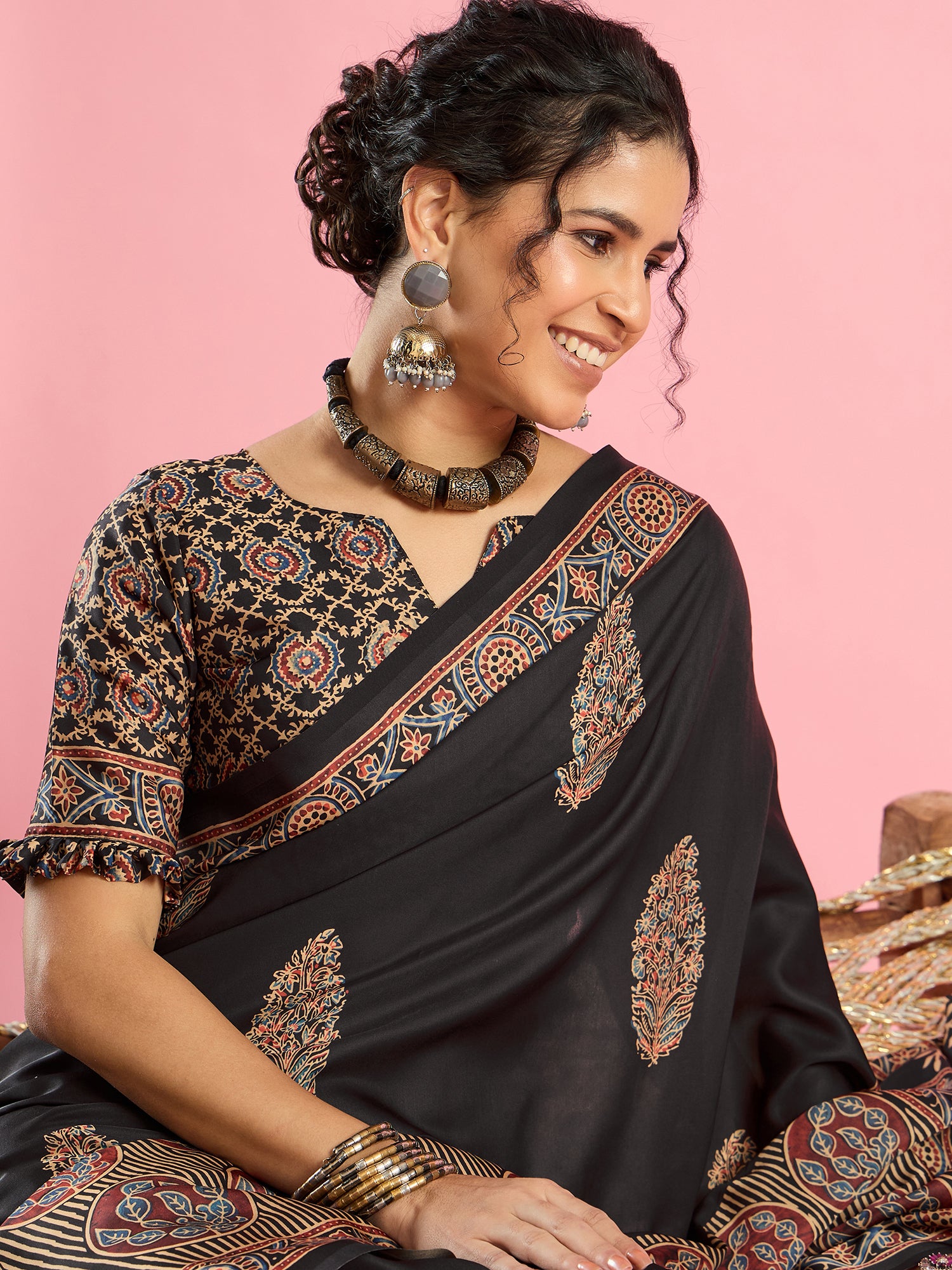 Elegant Tradition: Ajrakh Print Saree in Soft Modal Sartin for Timeless Style