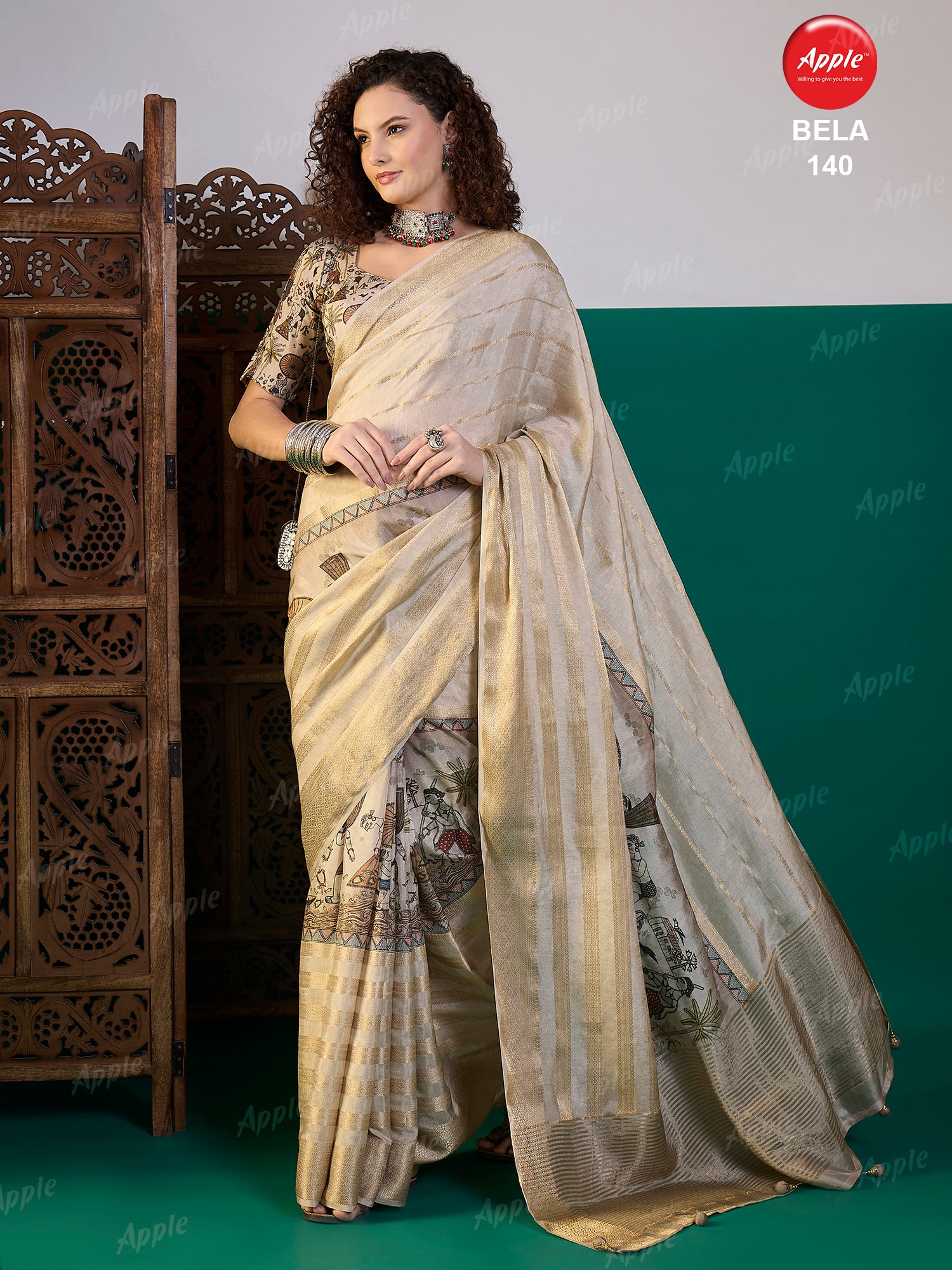 BELA-Elegant cream and gold saree with subtle woven shimmer