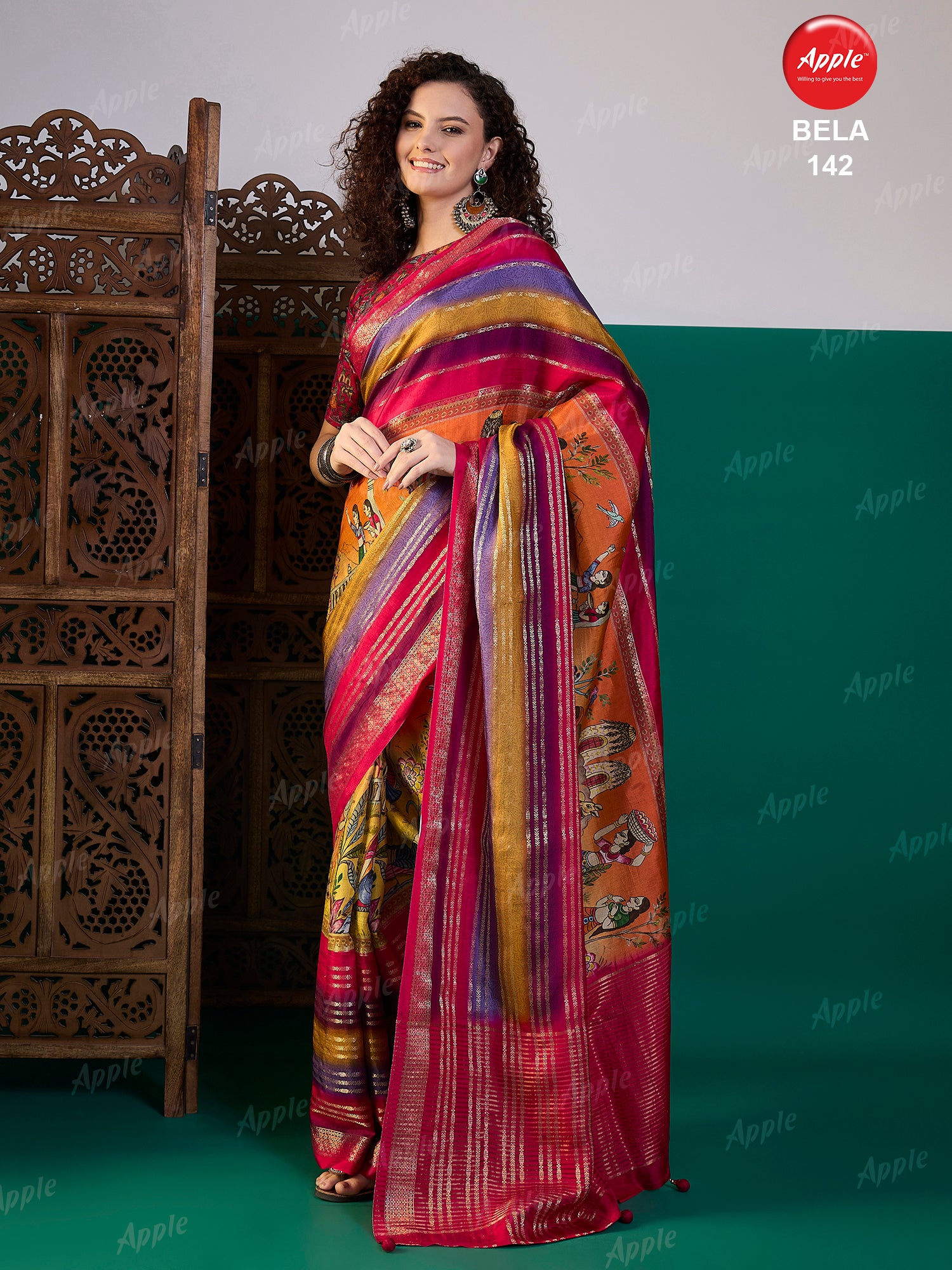 BELA-Rich pink, orange, and purple color combination with elegant golden zari stripes