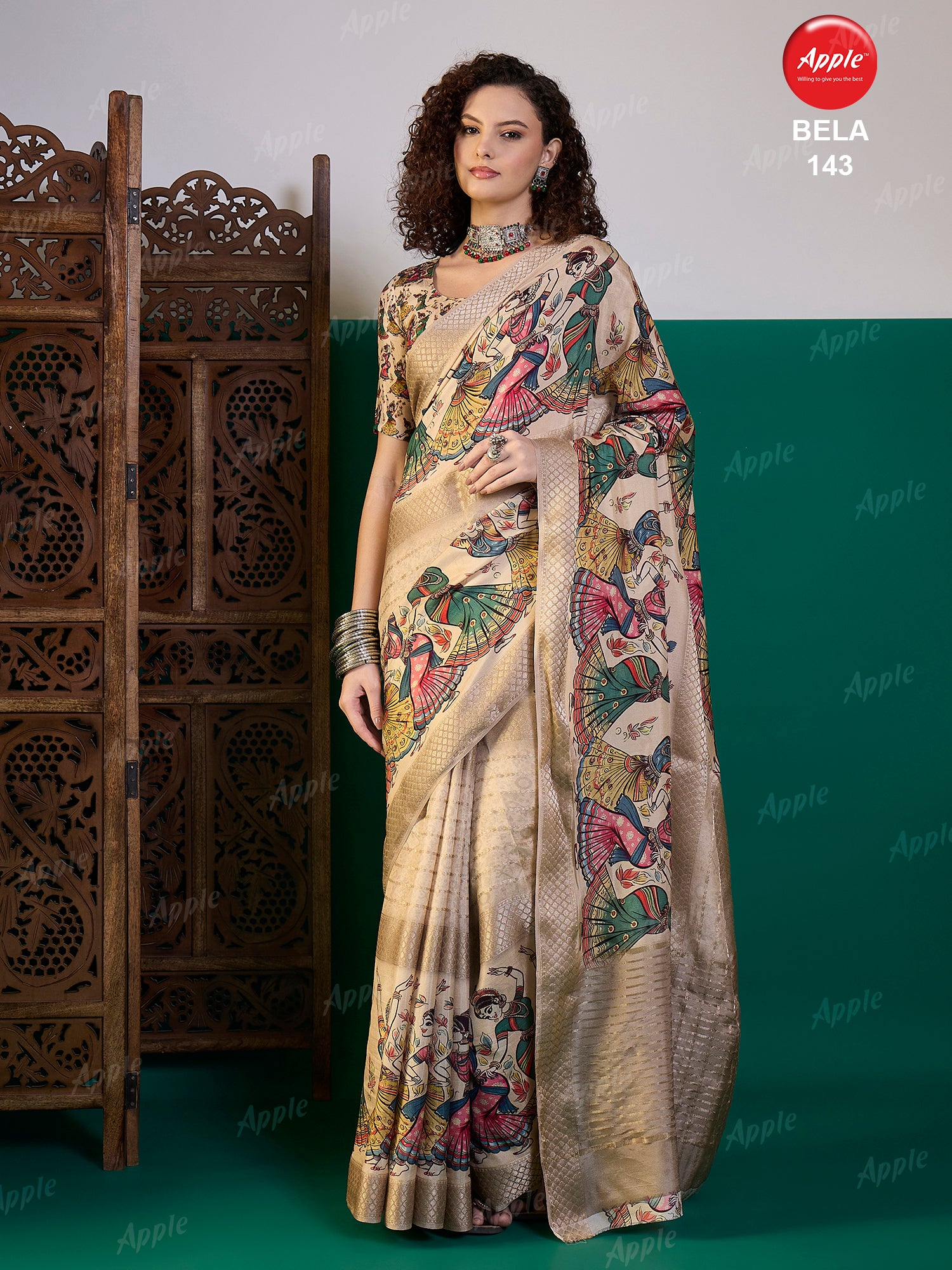 BELA-Intricate multicolor dancing figure motifs across the pallu and pleats