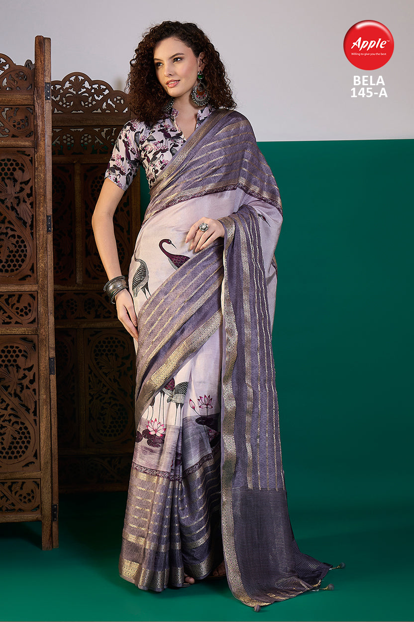 BELA-Elegant lavender and ivory saree with artistic crane and lotus motifs