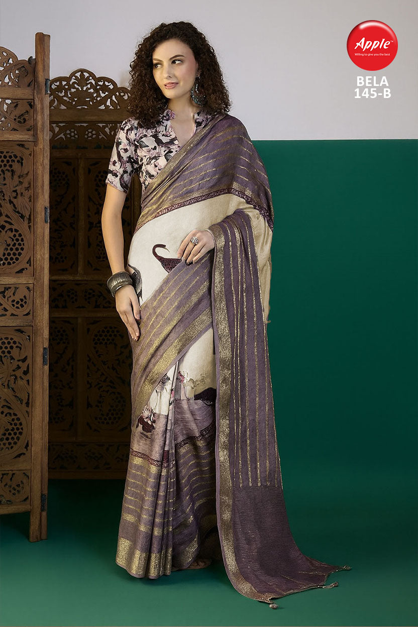 BELA-Elegant lavender and cream dual-tone saree with rich zari stripe detailing