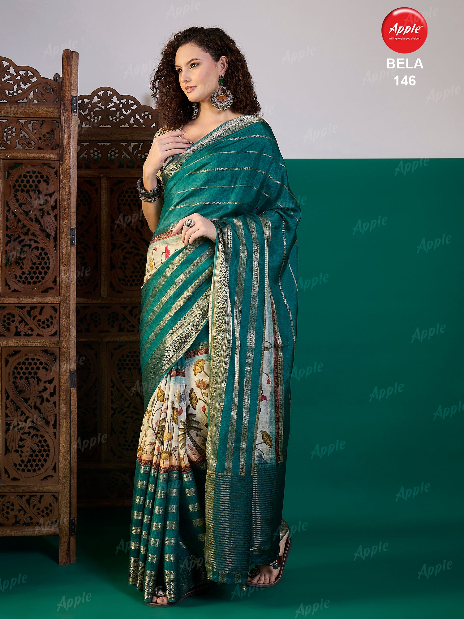 BELA-Elegant teal green saree with rich golden zari stripe detailing
