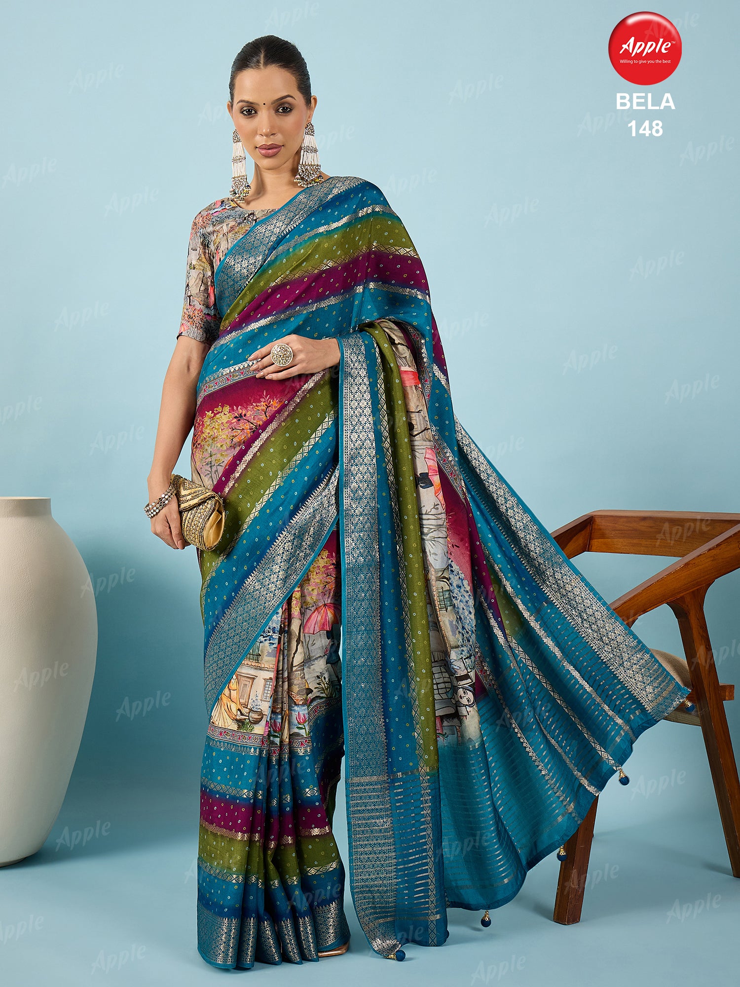 BELA-Rich teal blue saree with elegant multicolor striped pallu
