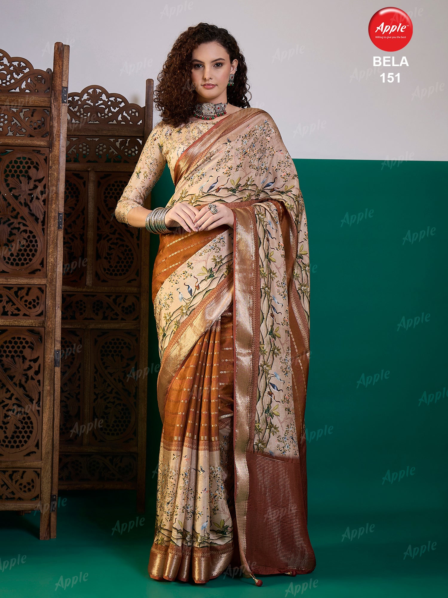 BELA-Elegant beige and copper-toned saree with delicate floral vine prints