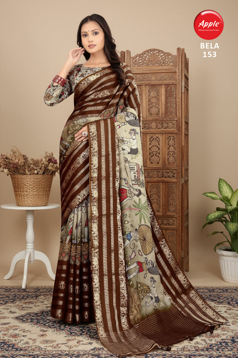 BELA-Elegant brown saree with artistic folk print detailing