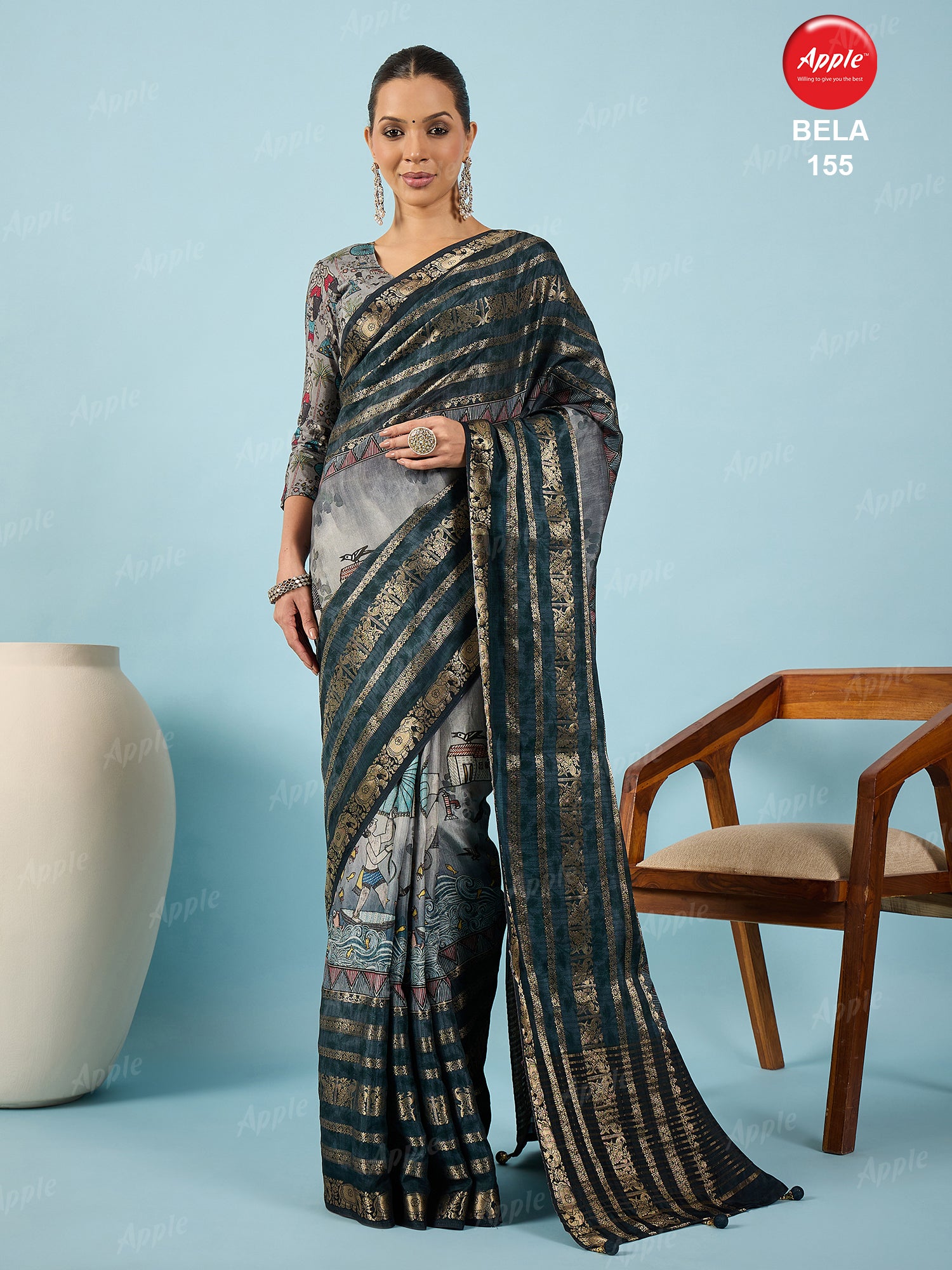 BELA-Elegant navy blue and grey saree with rich woven zari stripes