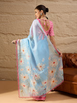 HARMONY-Sky Blue Organza Saree with White Daisy Floral Print and Pink Designer Border