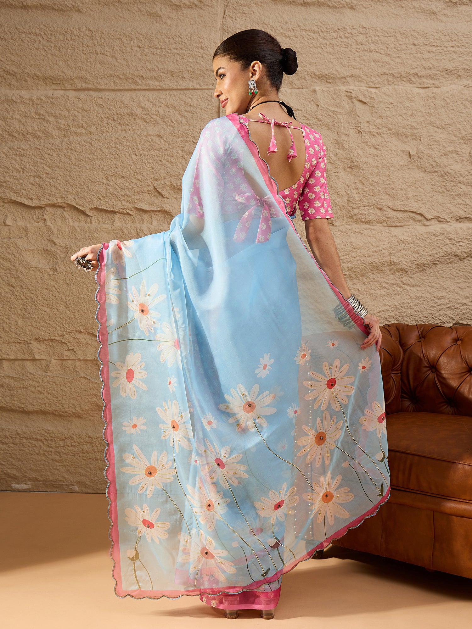 HARMONY-Sky Blue Organza Saree with White Daisy Floral Print and Pink Designer Border