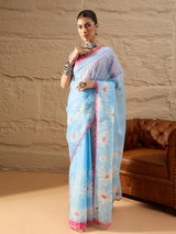 HARMONY-Sky Blue Organza Saree with White Daisy Floral Print and Pink Designer Border