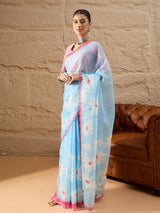 HARMONY-Sky Blue Organza Saree with White Daisy Floral Print and Pink Designer Border