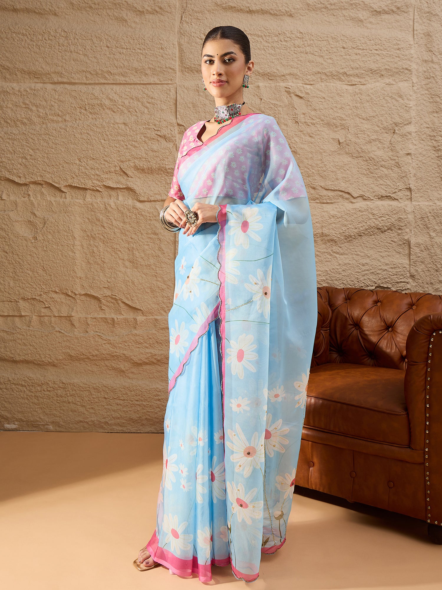 HARMONY-Sky Blue Organza Saree with White Daisy Floral Print and Pink Designer Border