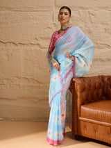 HARMONY-Sky Blue Organza Saree with White Daisy Floral Print and Pink Designer Border