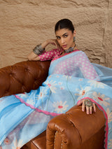 HARMONY-Sky Blue Organza Saree with White Daisy Floral Print and Pink Designer Border