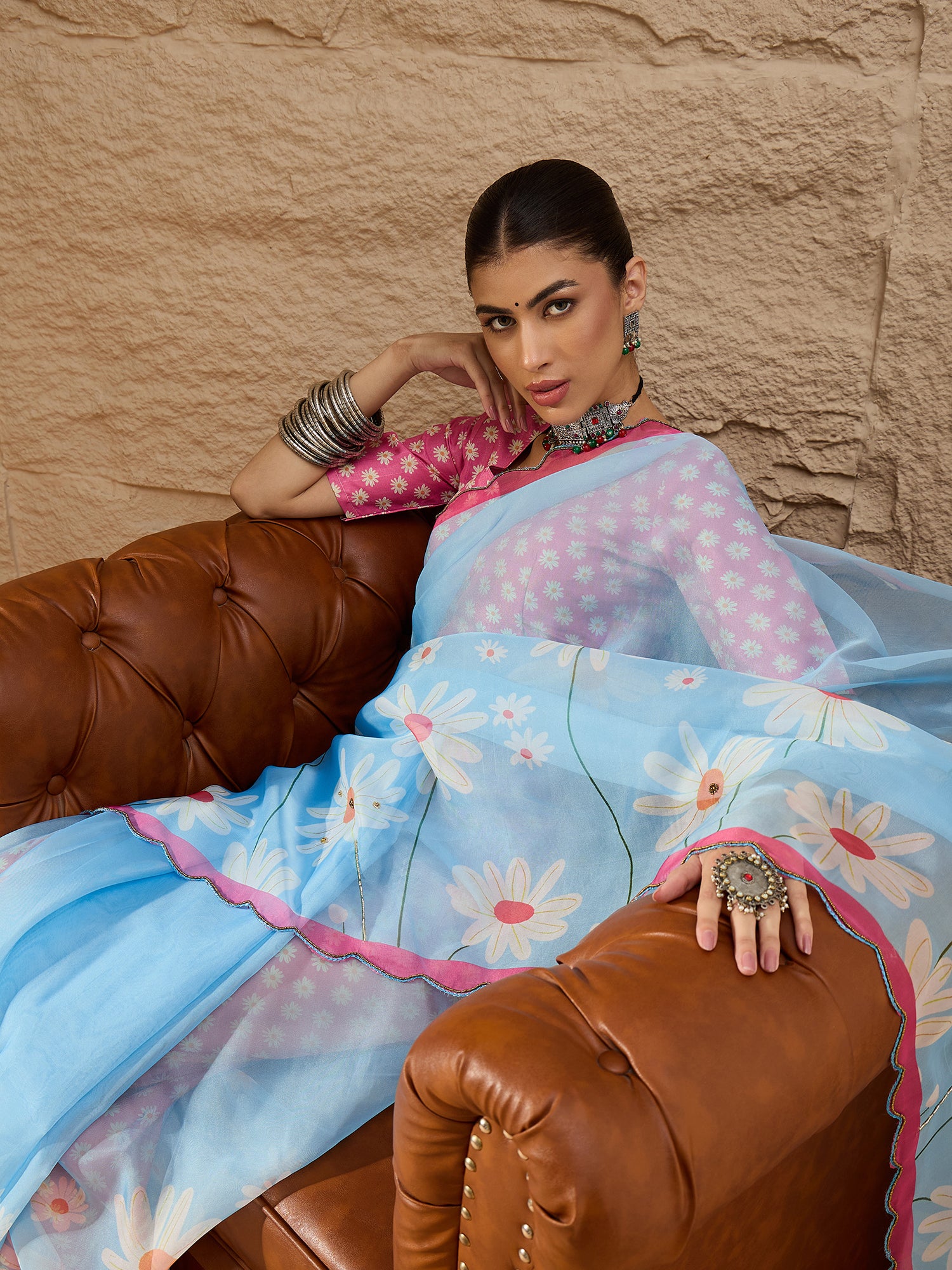 HARMONY-Sky Blue Organza Saree with White Daisy Floral Print and Pink Designer Border