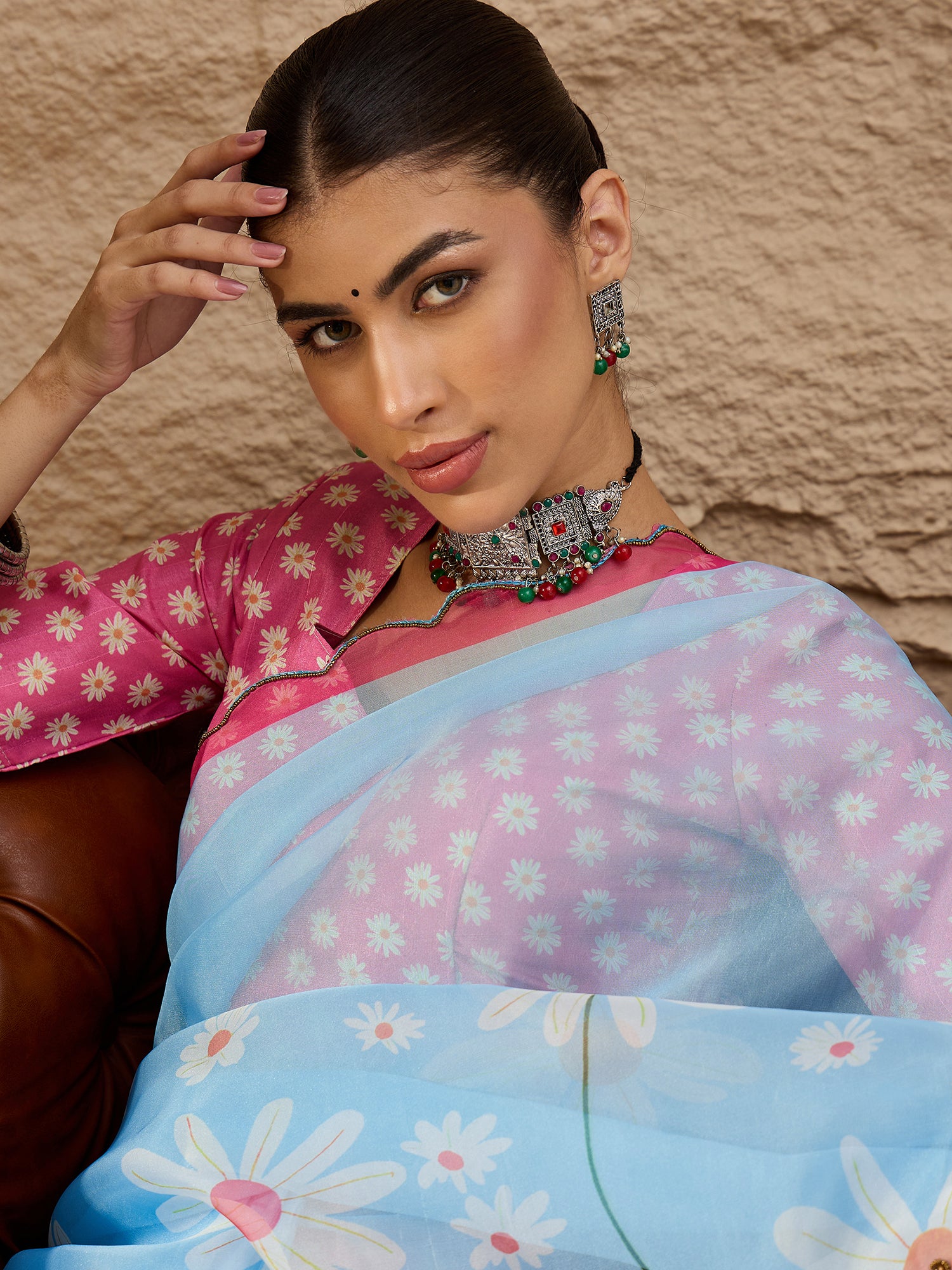 HARMONY-Sky Blue Organza Saree with White Daisy Floral Print and Pink Designer Border