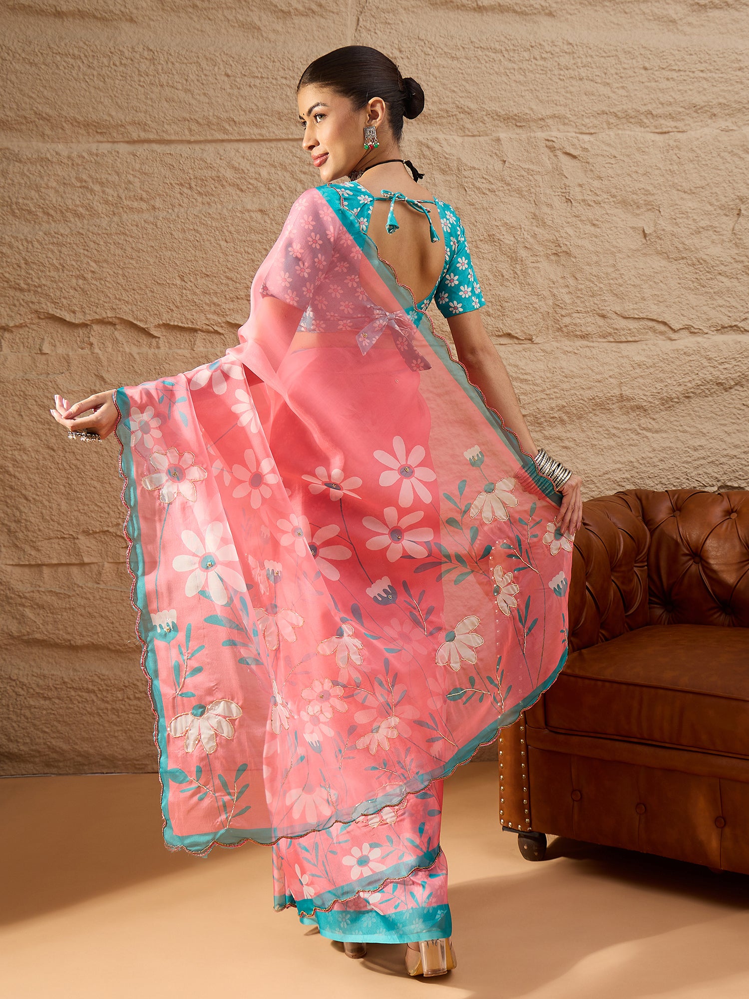 HARMONY-Candy Pink Organza Saree with Floral Print and Contrast Turquoise Designer Blouse
