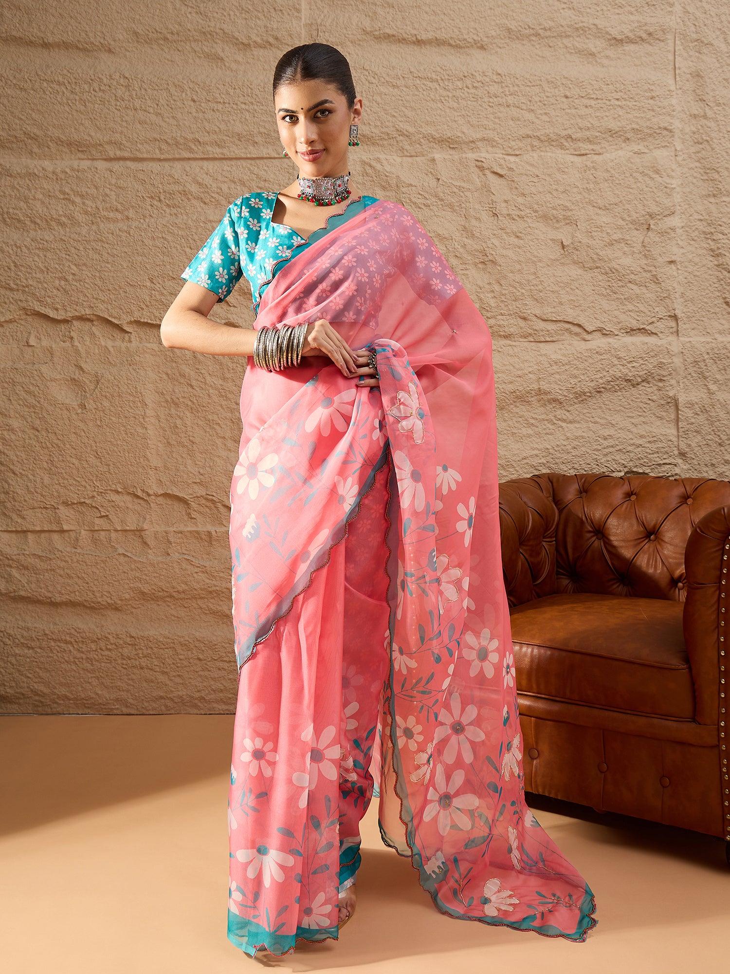HARMONY-Candy Pink Organza Saree with Floral Print and Contrast Turquoise Designer Blouse