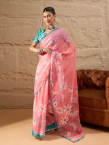 HARMONY-Candy Pink Organza Saree with Floral Print and Contrast Turquoise Designer Blouse