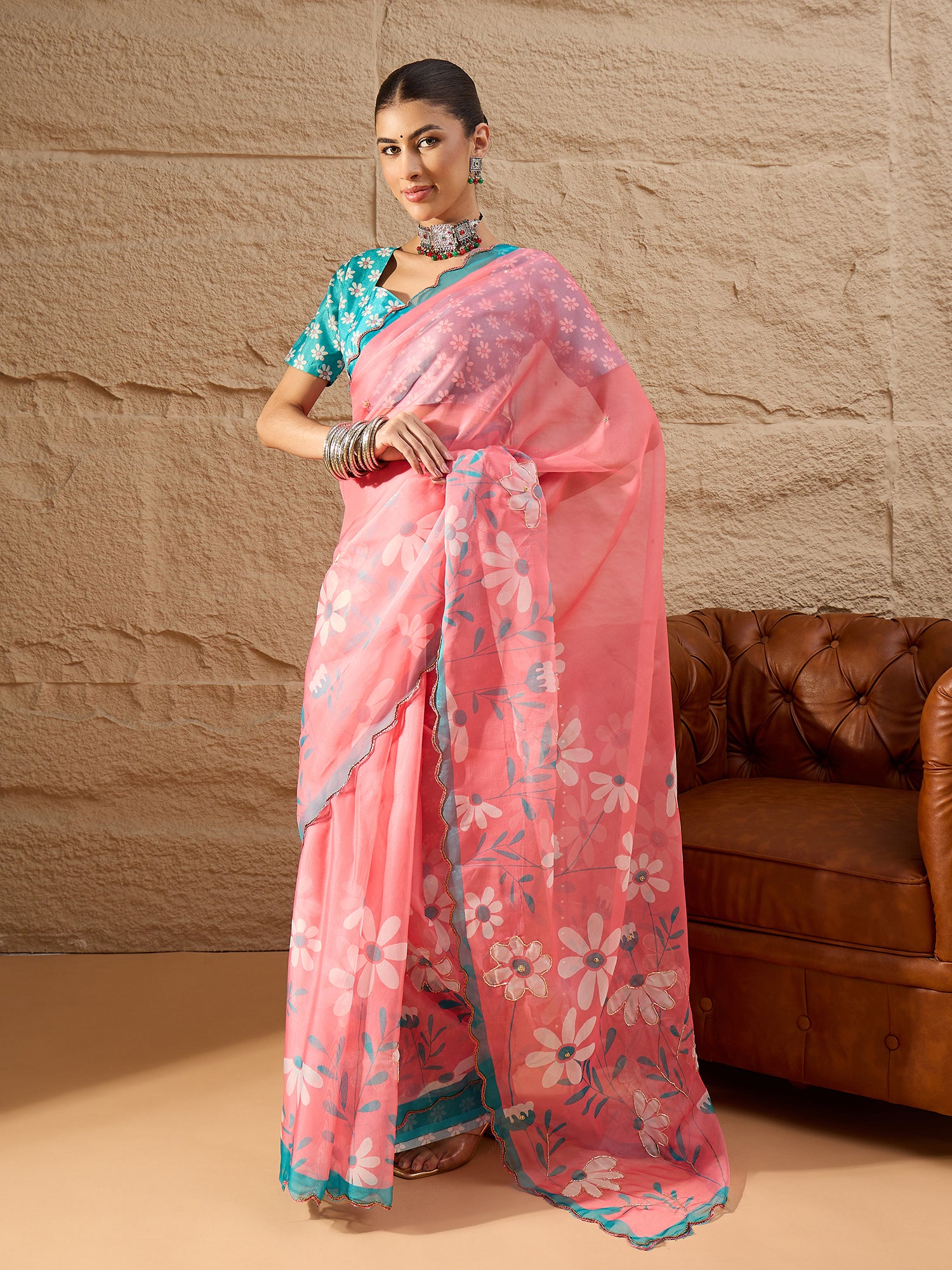 HARMONY-Candy Pink Organza Saree with Floral Print and Contrast Turquoise Designer Blouse