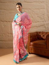 HARMONY-Candy Pink Organza Saree with Floral Print and Contrast Turquoise Designer Blouse
