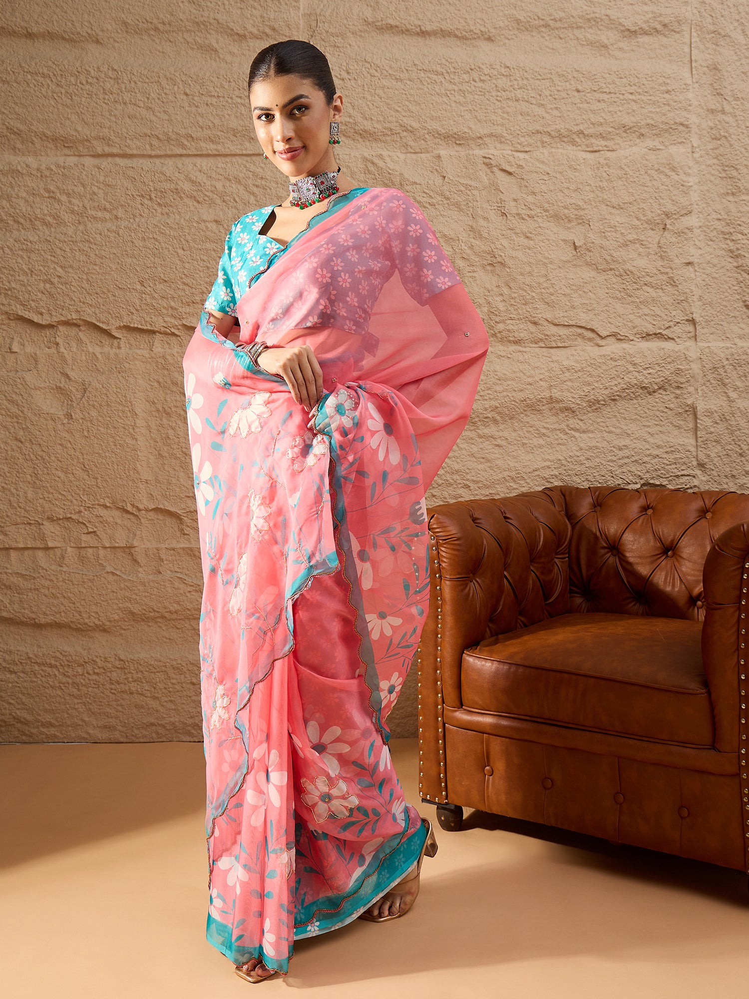 HARMONY-Candy Pink Organza Saree with Floral Print and Contrast Turquoise Designer Blouse