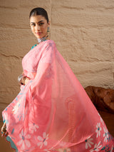HARMONY-Candy Pink Organza Saree with Floral Print and Contrast Turquoise Designer Blouse