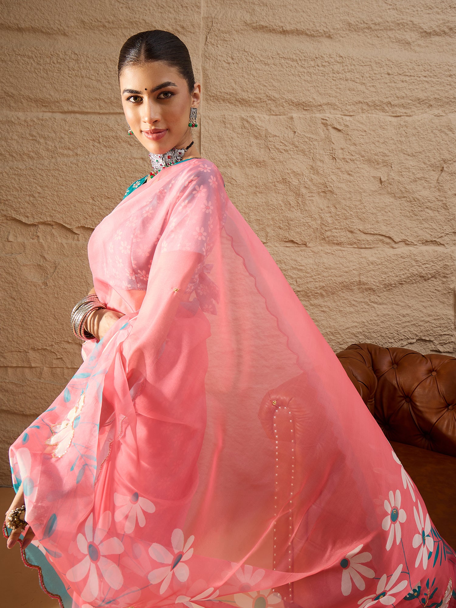 HARMONY-Candy Pink Organza Saree with Floral Print and Contrast Turquoise Designer Blouse