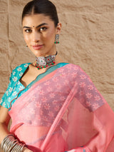 HARMONY-Candy Pink Organza Saree with Floral Print and Contrast Turquoise Designer Blouse