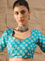 HARMONY-Candy Pink Organza Saree with Floral Print and Contrast Turquoise Designer Blouse
