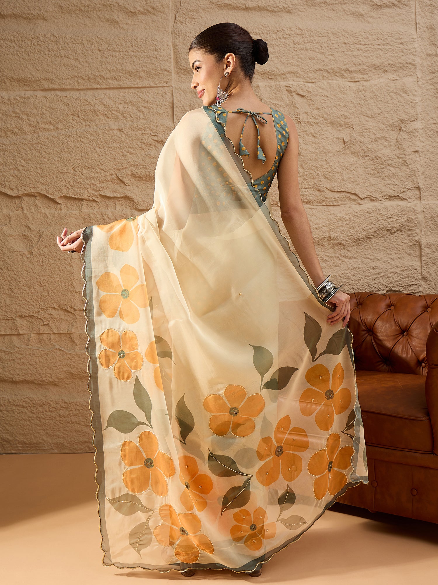 HARMONY-Elegant Cream Organza Saree with Oversized Floral Print and Designer Blouse