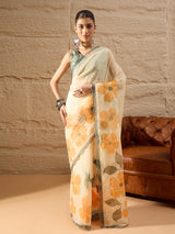 HARMONY-Elegant Cream Organza Saree with Oversized Floral Print and Designer Blouse