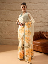 HARMONY-Elegant Cream Organza Saree with Oversized Floral Print and Designer Blouse