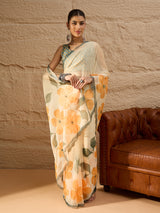 HARMONY-Elegant Cream Organza Saree with Oversized Floral Print and Designer Blouse