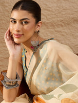 HARMONY-Elegant Cream Organza Saree with Oversized Floral Print and Designer Blouse