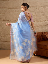 HARMONY-Sky Blue Organza Saree with White Floral Print and Contrast Designer Blouse