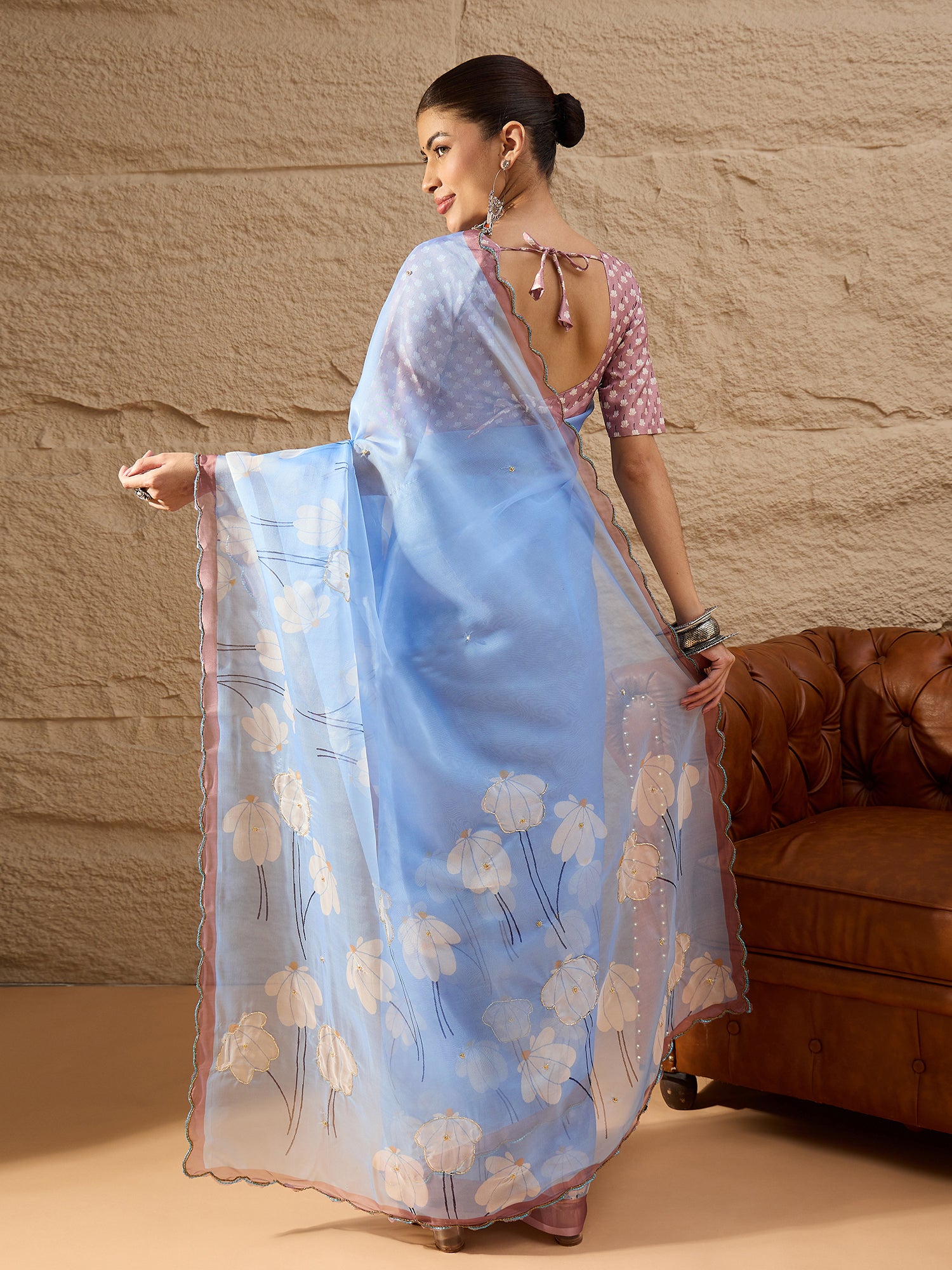 HARMONY-Sky Blue Organza Saree with White Floral Print and Contrast Designer Blouse
