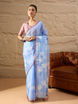 HARMONY-Sky Blue Organza Saree with White Floral Print and Contrast Designer Blouse