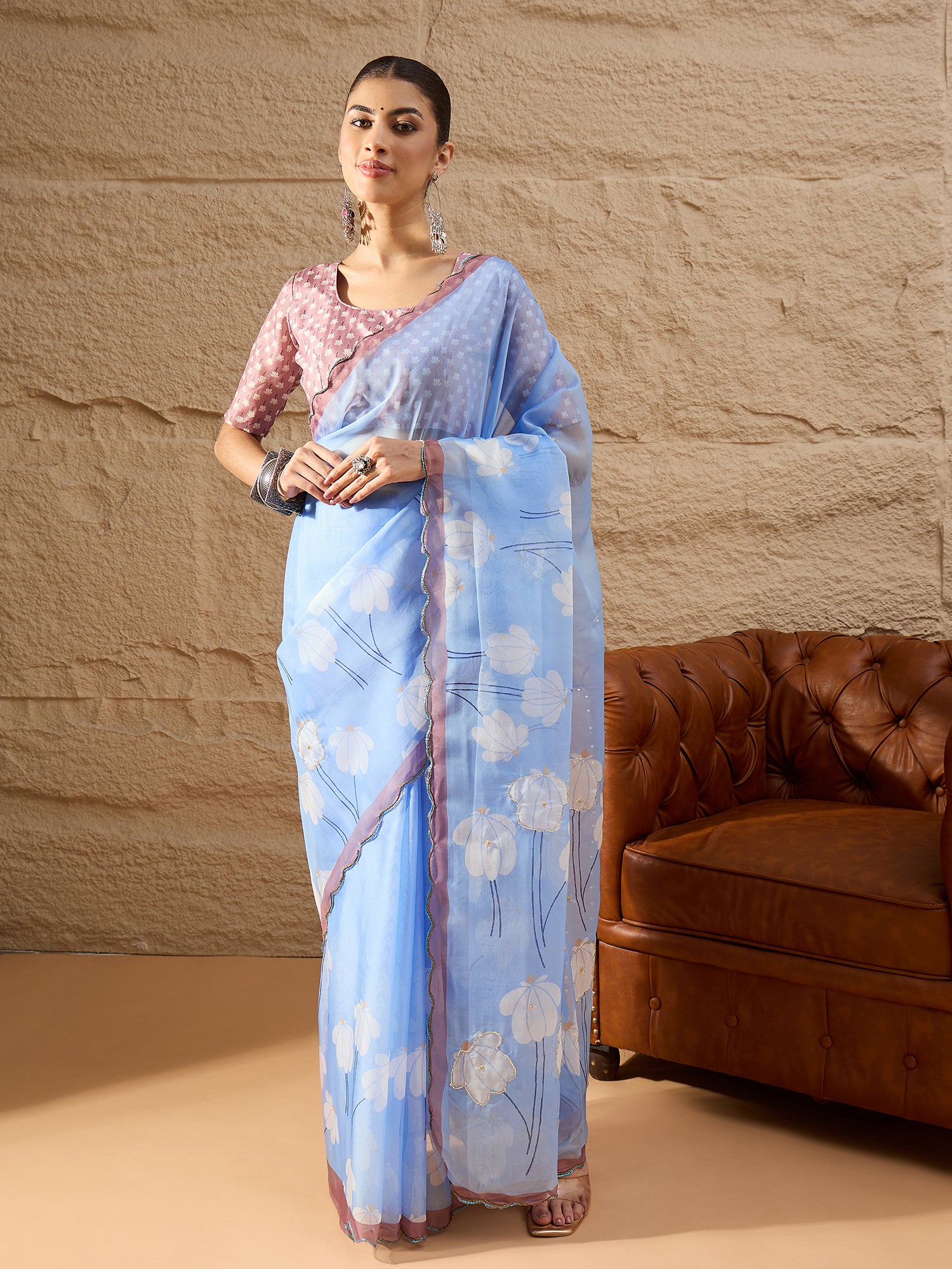 HARMONY-Sky Blue Organza Saree with White Floral Print and Contrast Designer Blouse