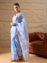 HARMONY-Sky Blue Organza Saree with White Floral Print and Contrast Designer Blouse