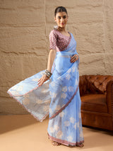 HARMONY-Sky Blue Organza Saree with White Floral Print and Contrast Designer Blouse
