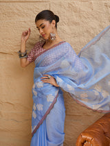 HARMONY-Sky Blue Organza Saree with White Floral Print and Contrast Designer Blouse