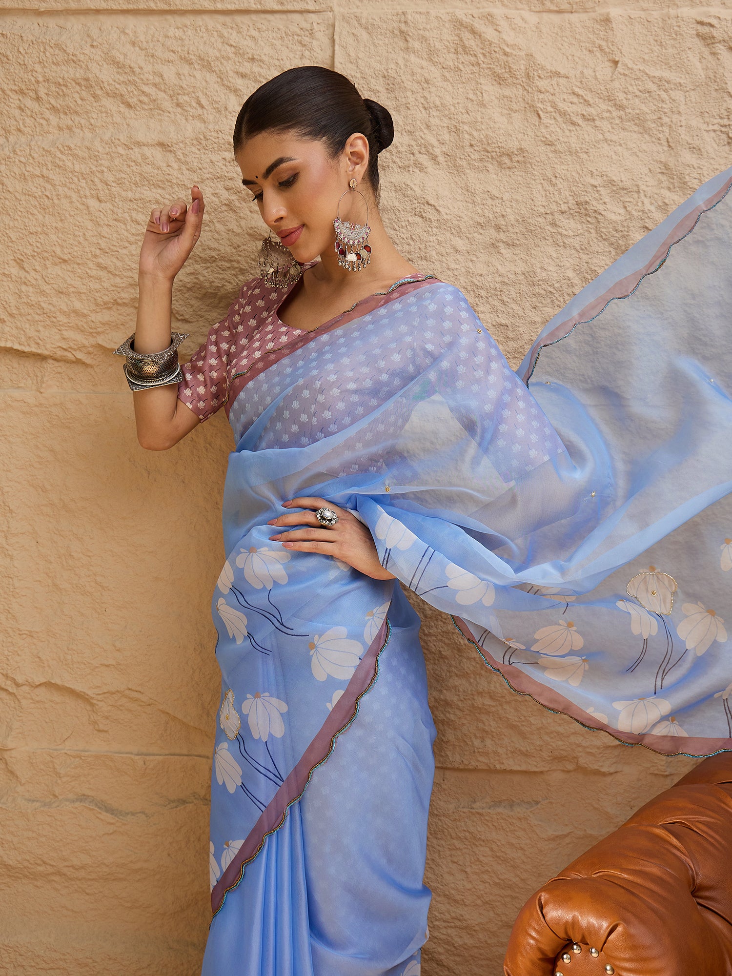 HARMONY-Sky Blue Organza Saree with White Floral Print and Contrast Designer Blouse