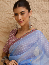 HARMONY-Sky Blue Organza Saree with White Floral Print and Contrast Designer Blouse