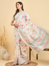 TARANG-Elegant Off-White Floral Printed Linen Saree with Multicolor Woven Border & Tassel Detailing