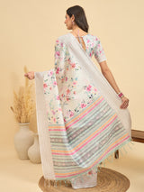 TARANG-Elegant Off-White Floral Printed Linen Saree with Multicolor Woven Border & Tassel Detailing